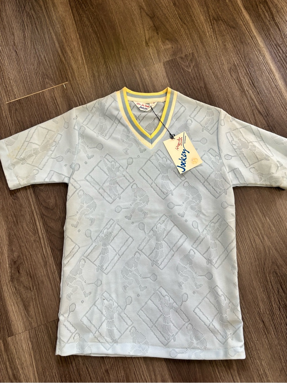 Jockey Tenniswear Vintage 80s/ Blue & Yellow V-Neck shirt with tennis player pat